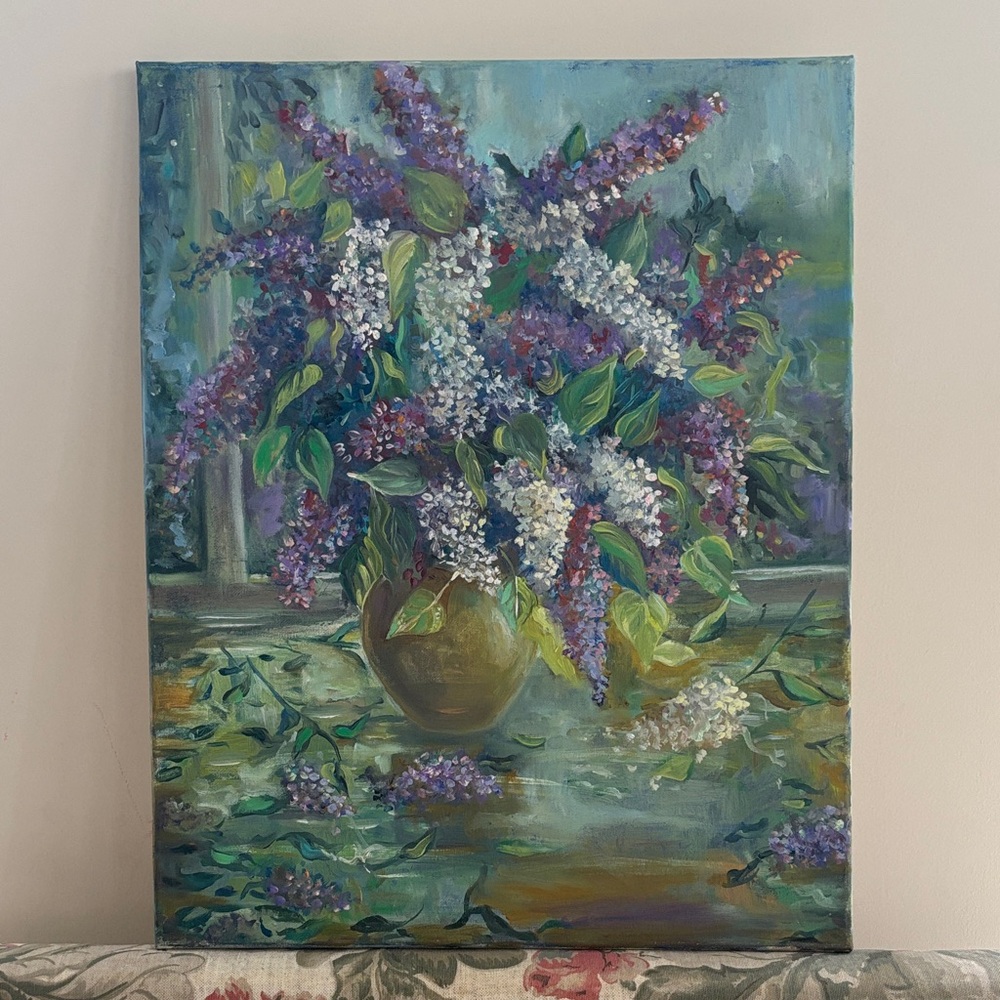 Floral Still Life Canvas Art - Purple and Green